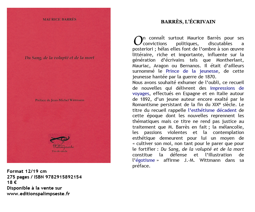 MAURICE BARRES DU SANG DE LA VOLUPTE ET DE LA MORT